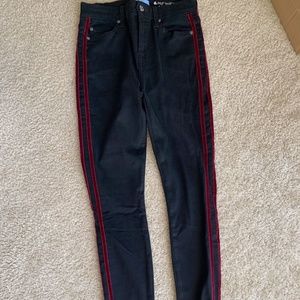 Black Skinny Jeans with Red Velvet Stripes